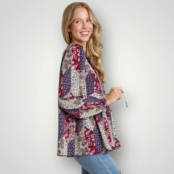 Umgee Mixed Print Ruffle Blouse Top in Mixed Wine Women’s Size Large - Picture 7 of 11